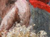 a painting of a man sitting in a bucket of popcorn
