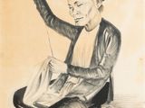 une image représentant un dessin d'un homme assis par terre, la main levée