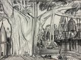 un dessin en noir et blanc représentant un arbre avec une balançoire