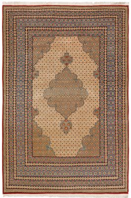 an antique persian rug with a medallion design on a beige ground