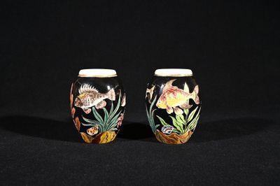 deux vases décorés de poissons et de plantes, posés sur une surface noire