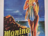 an old movie poster of a woman in a bathing suit on the beach