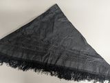 someone is holding a black umbrella with a black fringe on it