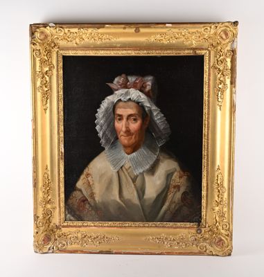 un vieux tableau représentant une femme portant un bonnet et une robe