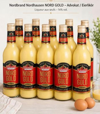 Six bouteilles de Nordd Gold sont alignées sur une table.
