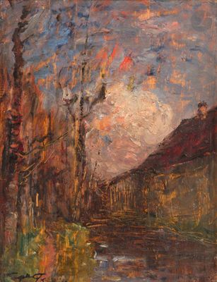 un tableau représentant une rivière avec des arbres et une grange en arrière-plan