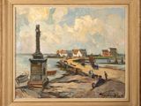 an oil painting of a pier with boats and people on it