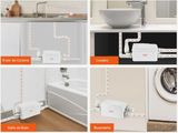 four different pictures of a bathroom with a sink, toilet, washer, and bathtub