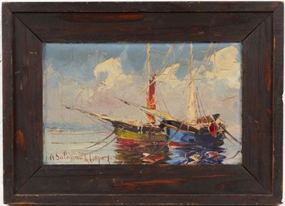 une peinture à l'huile représentant un bateau sur l'eau, avec le ciel en arrière-plan