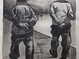 drawing of two men walking down a sidewalk with their hands in their pockets