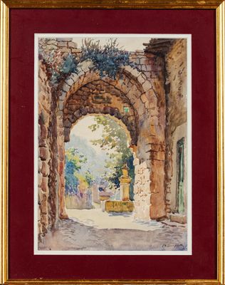 une image représentant une peinture d'une arcade dans un bâtiment en pierre