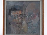 an oil painting of two men, one of them is looking at the other