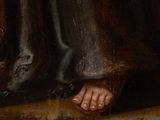 a painting of a man ' s feet with a cat on the ground