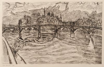 an ink drawing of a bridge over a river with a castle in the background