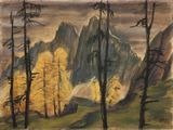 une image représentant un tableau représentant un paysage de montagne avec des arbres au premier plan