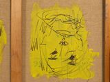 two drawings of a woman and a bird on a yellow background