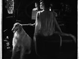 photographie en noir et blanc d'une femme assise sur un banc avec un chien