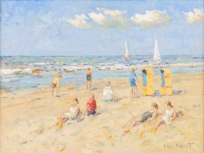 tableau représentant un groupe de personnes sur une plage, avec un voilier en arrière-plan