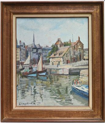 an oil painting of a harbor scene with a sailboat in the foreground