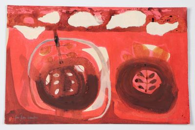une peinture représentant un bol de nourriture posé sur un fond rouge