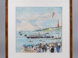 painting of a group of people standing on a pier with boats in the water