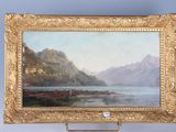 une peinture à l'huile représentant un paysage de montagne avec un lac au premier plan