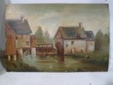 une image représentant une peinture d'une scène de vie à la ferme avec un moulin à eau