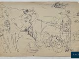 an old drawing of a group of people on a beach