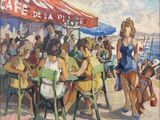 tableaux représentant des personnes assises à des tables sur une plage, sous des parasols