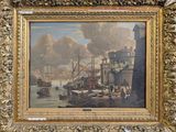 an oil painting of a harbor scene with ships in the water