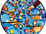 un tableau représentant une table de billard avec de nombreuses boules