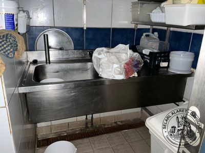 a kitchen with a sink and a toilet in it