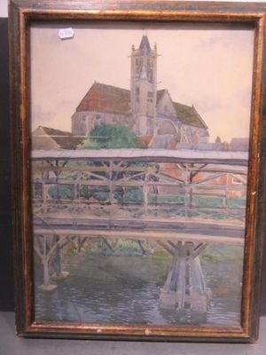 tableau représentant un pont enjambant une rivière, avec une église en arrière-plan