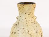 un vase blanc parsemé de taches marron sur un fond blanc