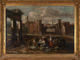 an oil painting of a group of people in front of a building