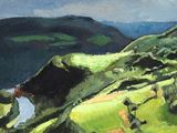 an oil painting of a green valley with a river running through it