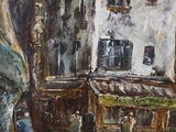 painting of a street scene with a horse drawn carriage in front of a building