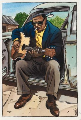 painting of a man sitting in a car playing a guitar