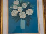 a picture of a painting of white flowers in a vase