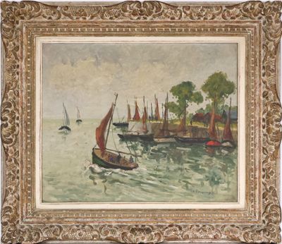 tableau représentant des voiliers dans un port, avec des arbres et des bâtiments en arrière-plan