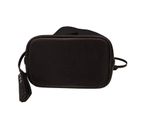 a black camera bag on a white background with a black strap
