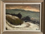 an oil painting of a mountain scene with a person walking in the snow