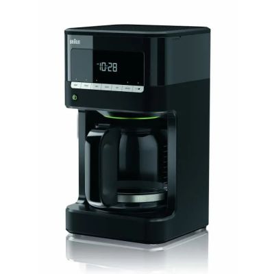 the coffee maker is black and has a digital clock on the side