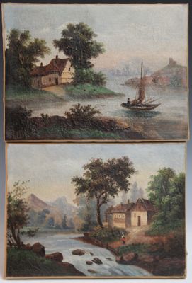 deux tableaux représentant une scène fluviale avec une maison et un bateau