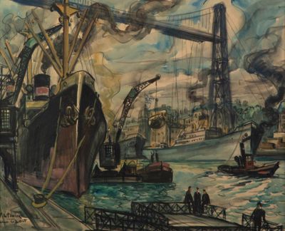 a painting of a ship in the water with a bridge in the background