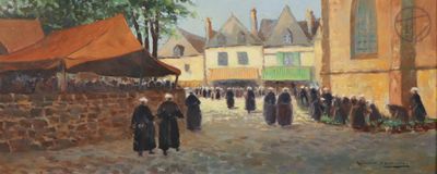 painting of people walking down a street in front of a church