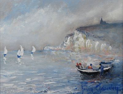painting of a boat in the water near a cliff with sailboats