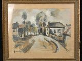 une image représentant une peinture d'une rue avec des maisons et des arbres