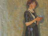 a painting of a woman holding a cup in her hand