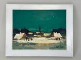 an image of a painting of a beach scene with a church in the background